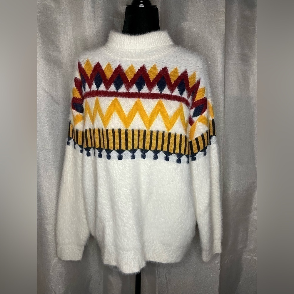Vine & Love Sweater Womens Large Cream Red & Yellow Long Sleeve Acrylic Blend